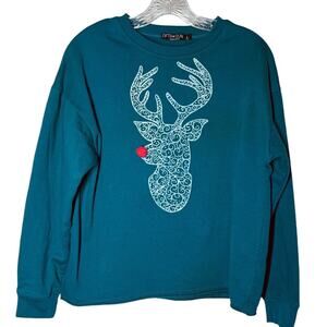 Fifth‎ Sun Holiday Sweatshirt Women’s LARGE Teal Green Reindeer Crew Neck Fleece